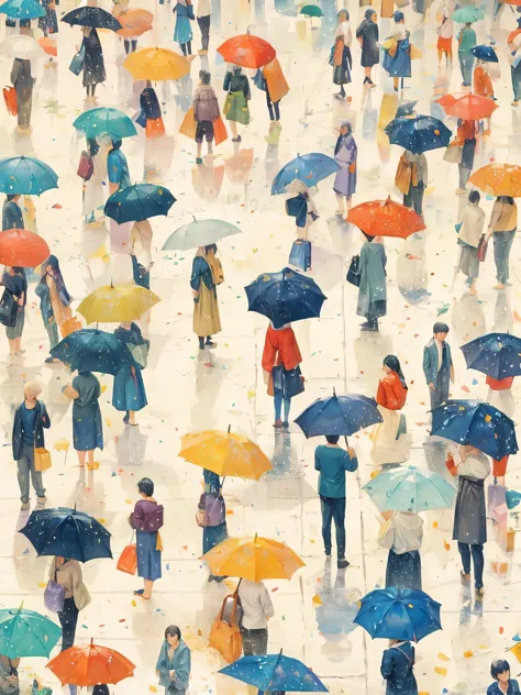 A movie poster of many people holding umbrellas on a rainy day in spring. From a top-down perspective, people walk on streets th...