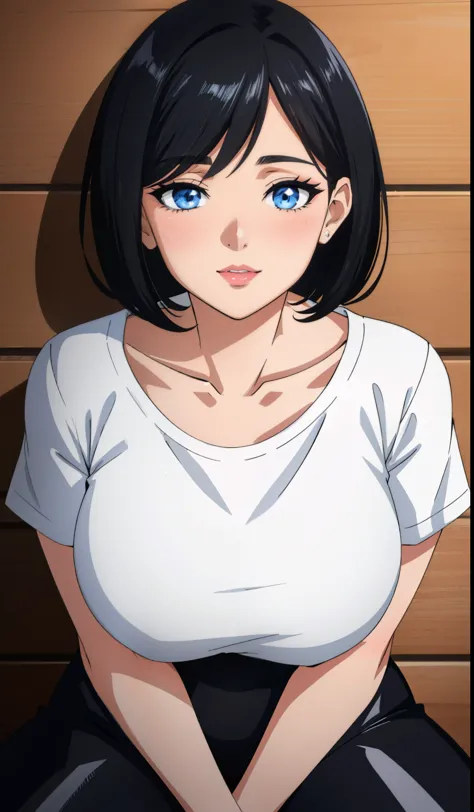 Sexy and cute woman, short black hair, bob style, plump face, seductive blue eyes, medium nose, deep pink blush, glossy red lips smiling, long neck, visible collarbone, white t shirt with black graphics tucked into shiny black pants, pinned against a woode...