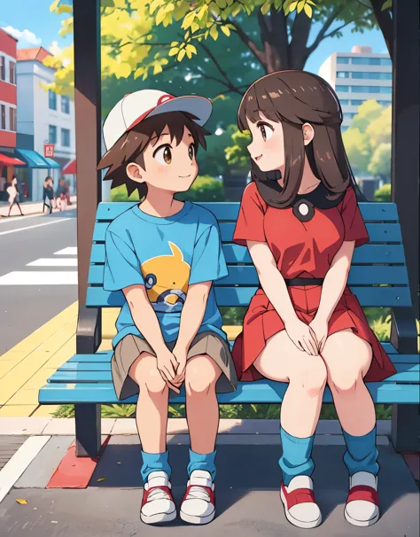 Leaf pokemon sitting at the bus stop with her boyfriend, he is wearing a red skirt, blue shirt, brown eyes, loose socks, white f...