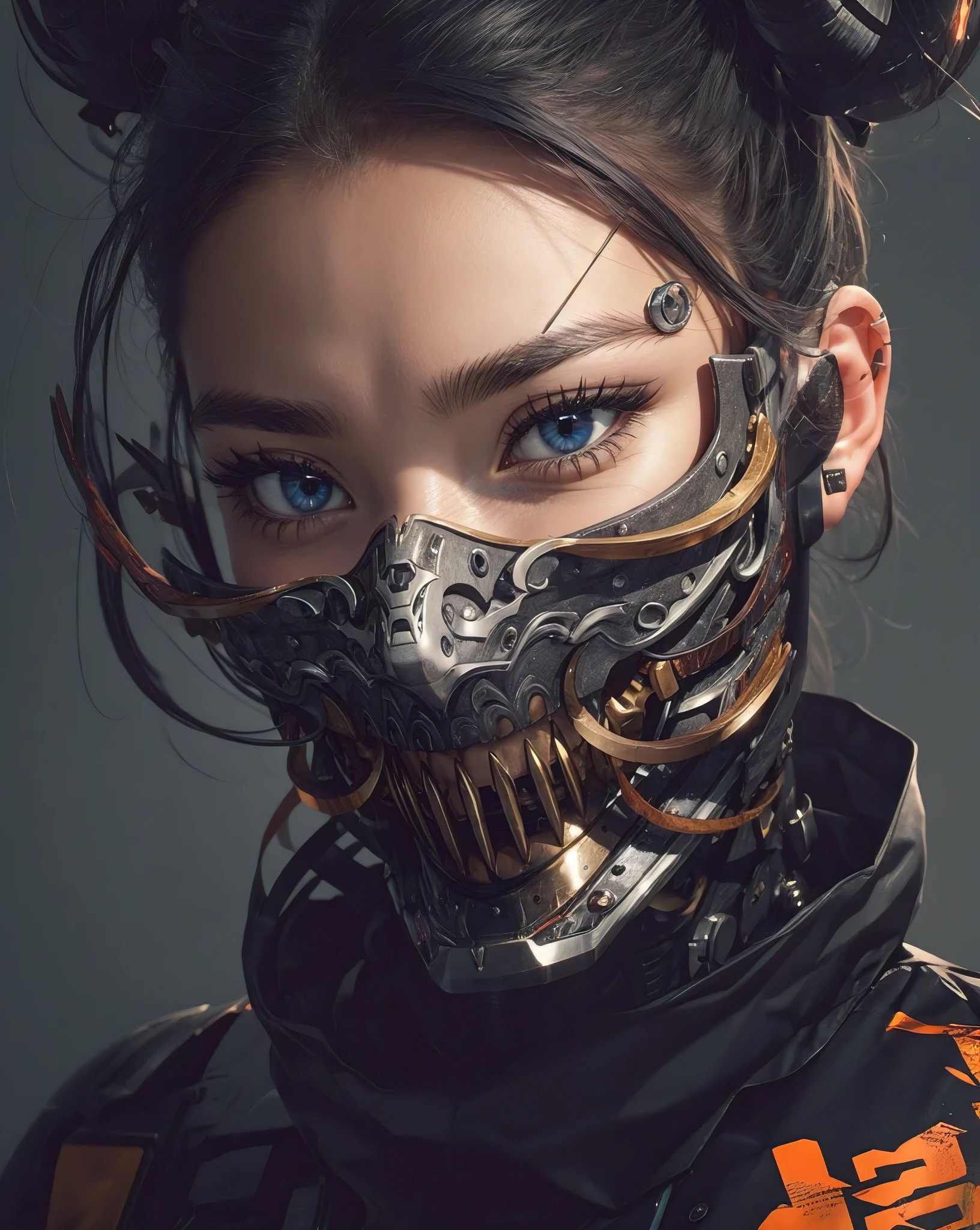 Hyper realistic portrait of woman with mecha demon horns, best quality, realistic skin texture, dark core ghostly expressive features, street wear futuristic clothing with multiple cloth fastenings and different materials, layered textures, nasa materials, absurd and weird cyberpunk facemask, the face mask has features of a mecha demonic beasts made of glossy plastic and shiny metal, neon accents, glowing Japanese kanjis, her beautiful eyes stand out, by Francis bacon, uhd, 8K