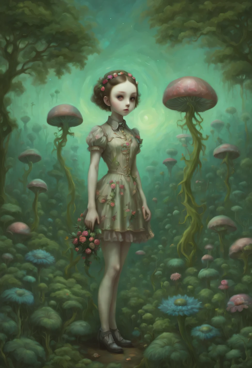 The neural network draws a picture against the background of Bioluminescent plants of another unknown world, heroic creature - a girl of an unknown alien life form in beautiful clothes with a bouquet of alien flowers in her hand against the background of alien bioluminescent vegetation, the alien girl looks unusual and majestic, beautiful alien clothes, slim tall build, Developed muscles, long legs, glowing green eyes, A high resolution, High detail, clarity 32 thousand., A high resolution, 64-bit color depth, Oil Painting Effect Painting, (Mark Ryden: 1.5155), (Xue Wang: 1.1155), bulk, Beautiful Image, High detail