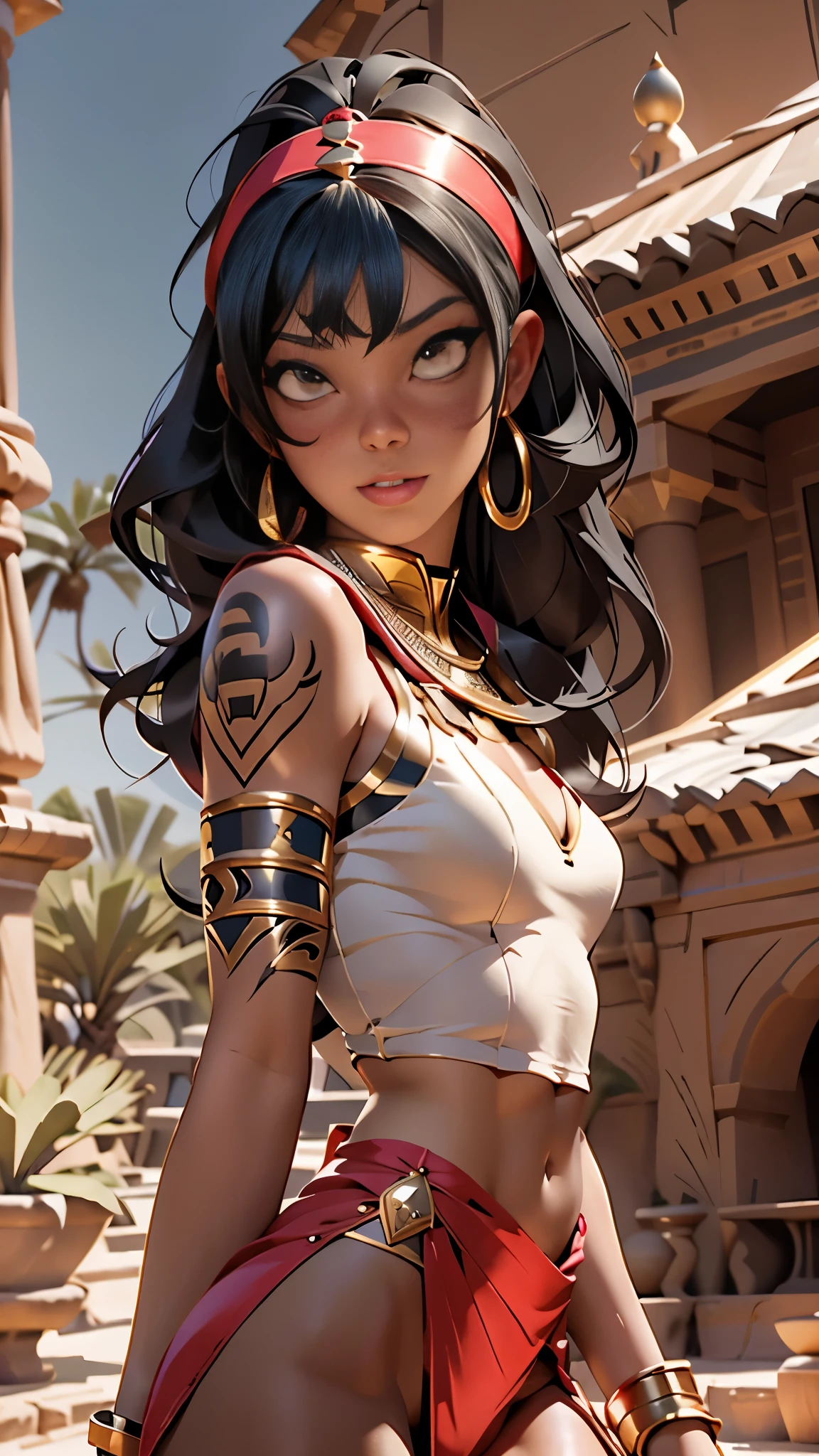 ((Frank Frazetta)), beautiful black woman, Beautiful black eyes、 Egyptian woman, (Glossy Egyptian ornaments), muscular and perfect body,(top-quality、8K、32K、​masterpiece、nffsw:1.3)、超A high resolution,(Photorealsitic:1.4),, long black hair with heavy bangs on the forehead,,Ray traching,Sun glare,depth of fields,By backlight effect、Add depth to your screen、muscular body, Red veil, dark skin shiny with oil and sweat, Anubis warrior in small clothes, golden bra, Egyptian tattoo,, Large breasts, Generous cleavage, , A desert, pyramids in the background