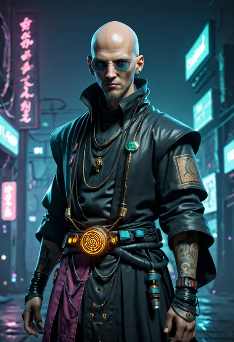 sh4g0d style cyberpunk wizard，bald，monk
