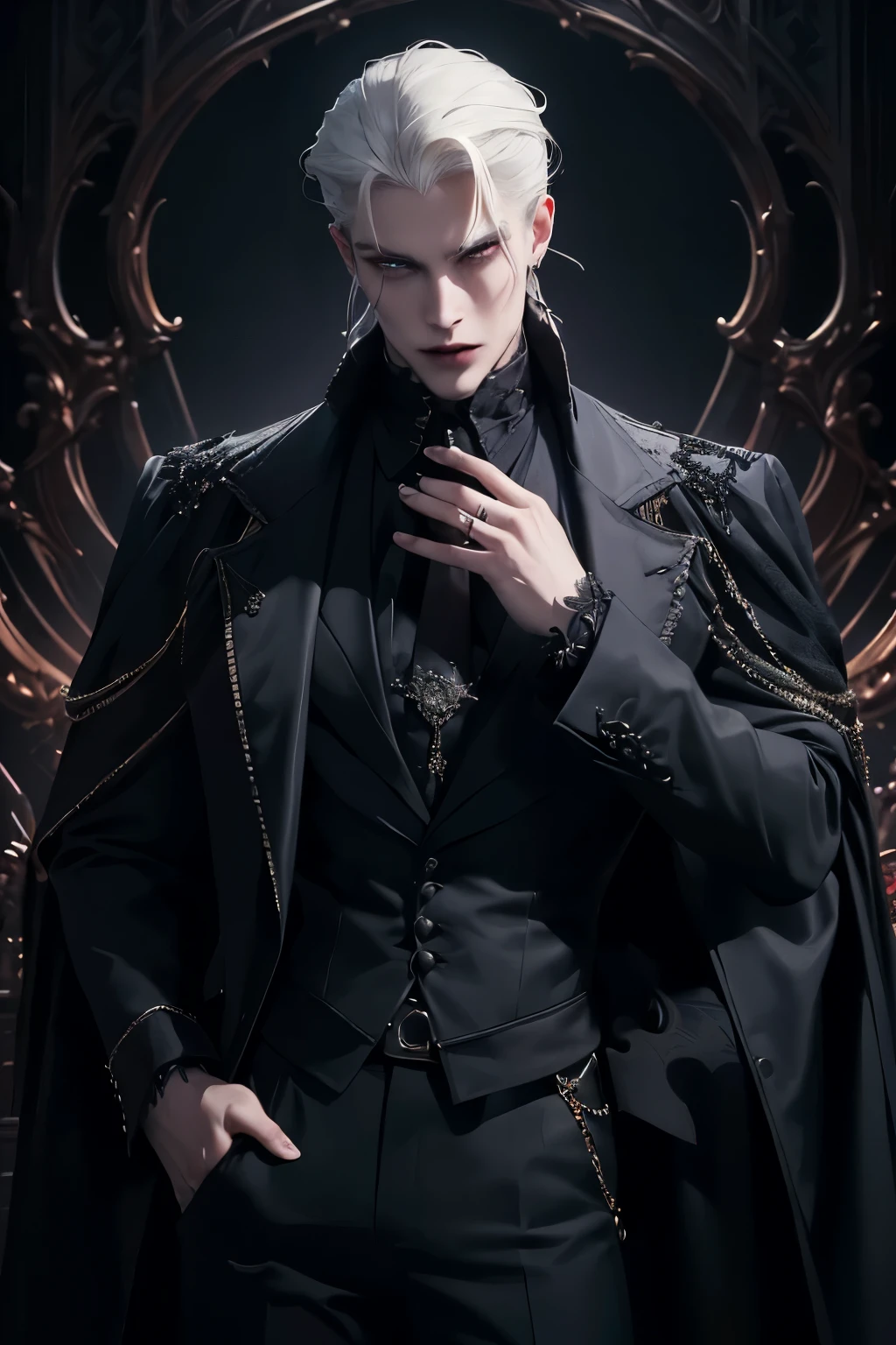 ((Лучшее качество)), ((шедевр)), (подробный), ((идеальное лицо)), ((Полутела)) идеальные пропорции, (Он красивый принц-вампир, Ему 18 лет, заколотые уши, у него зализаны назад волосы, белые волосы, лорд вампиров, он носит готическую одежду, он элегантен, мрачный готический стиль, ((идеальное лицо)) вампирская атмосфера, ((вампирская атмосфера)) 