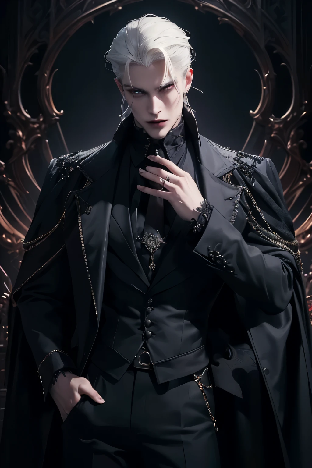 ((Best quality)), ((masterpiece)), (detailed), ((perfect face)), ((halfbody)) perfect proporcions, (He is a handsome vampire prince, he is 18 years old, pinted ears, he has slicked back hair, white hair, vampire lord, he wears gothic clothes, he is elegant, dark gothic style, ((perfect face)) vampire ambience, ((vampire ambience)) 