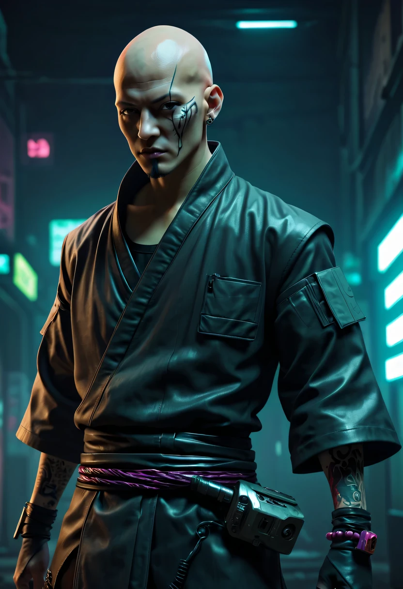 sh4g0d style cyberpunk killer，bald，monk