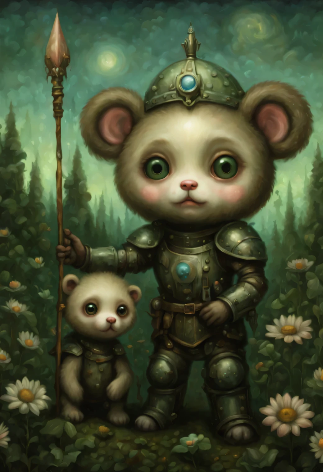 The neural network draws a picture against the background of Bioluminescent plants of another unknown world, heroic creature - an anthropomorphic cartoon bear of an alien life form in armor with a glowing spear in his hand against the background of alien bioluminescent vegetation, anthropomorphic cartoon bear looks unusual and majestic, beautiful alien armor, slim tall build, Developed muscles, glowing green eyes, A high resolution, High detail, clarity 32 thousand., A high resolution, 64-bit color depth, Oil Painting Effect Painting, (Mark Ryden: 1.5155), (Xue Wang: 1.1155), bulk, Beautiful Image, High detail