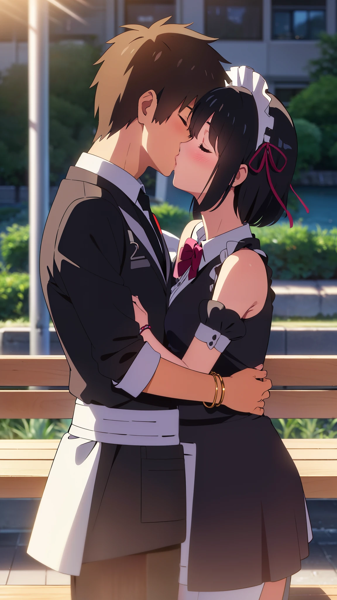 Anime couple kissing on a bench in front of a building - SeaArt AI