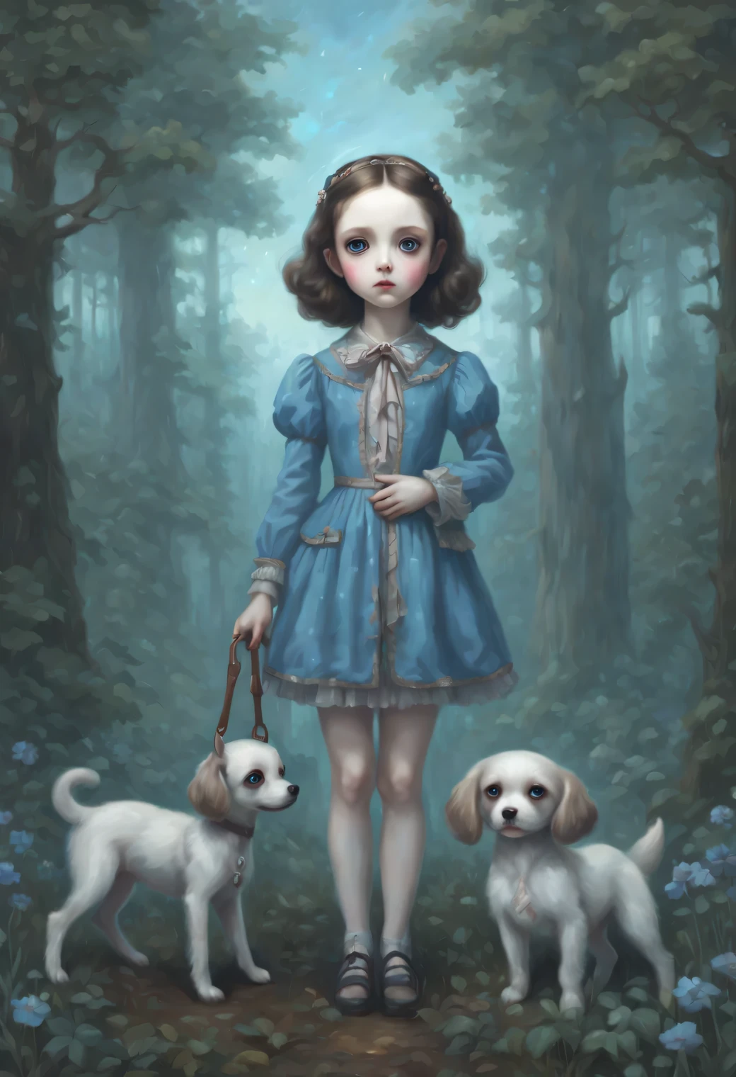 The neural network draws a picture against the backdrop of a glowing blue forest of another unknown world, heroic creature - a girl of an unknown alien life form with big blue eyes in beautiful clothes, walking a small alien puppy on a leash against the backdrop of an alien glowing forest, the alien girl looks unusual and majestic, beautiful alien clothes, slim tall build, long legs, glowing blue eyes, A high resolution, High detail, clarity 32 thousand., A high resolution, 64-bit color depth, Oil Painting Effect Painting, (Mark Ryden: 1.5155), (Xue Wang: 1.1155), bulk, Beautiful Image, High detail