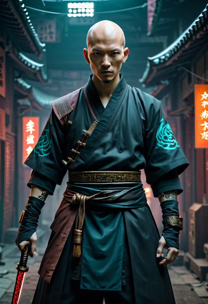 sh4g0d style cyberpunk magic killer，bald，monk，Hanfu，martial arts