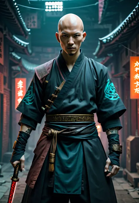 sh4g0d style cyberpunk magic killer，bald，monk，hanfu，martial arts