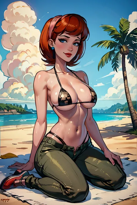 (masterpiece, best quality:1.2), linda_flynn-fletcher, 1girl, jewelry, earrings, solo, lipstick, hairband, makeup, breasts, large breasts, orange hair, short hair, crossed legs, pants, smile, sitting, outdoors, beach, day, looking at viewer, wariza, sky, c...