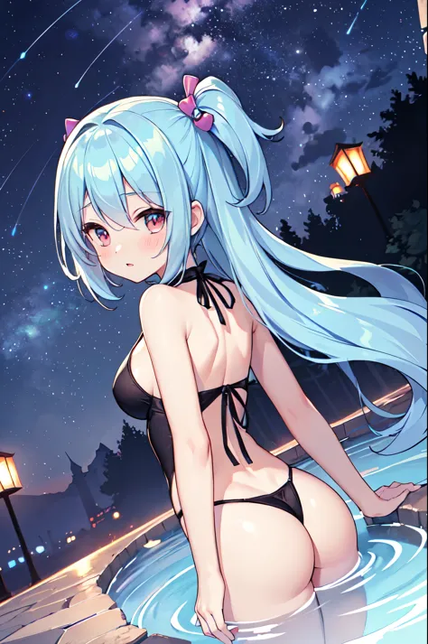 （masterpiece）、(highest quality)、((Super detailed))、(super delicate)、pastel colored hair、Beautiful side breasts、beautiful back、Beautiful butt、Yugi、Hot spring at night、fantastic starry sky