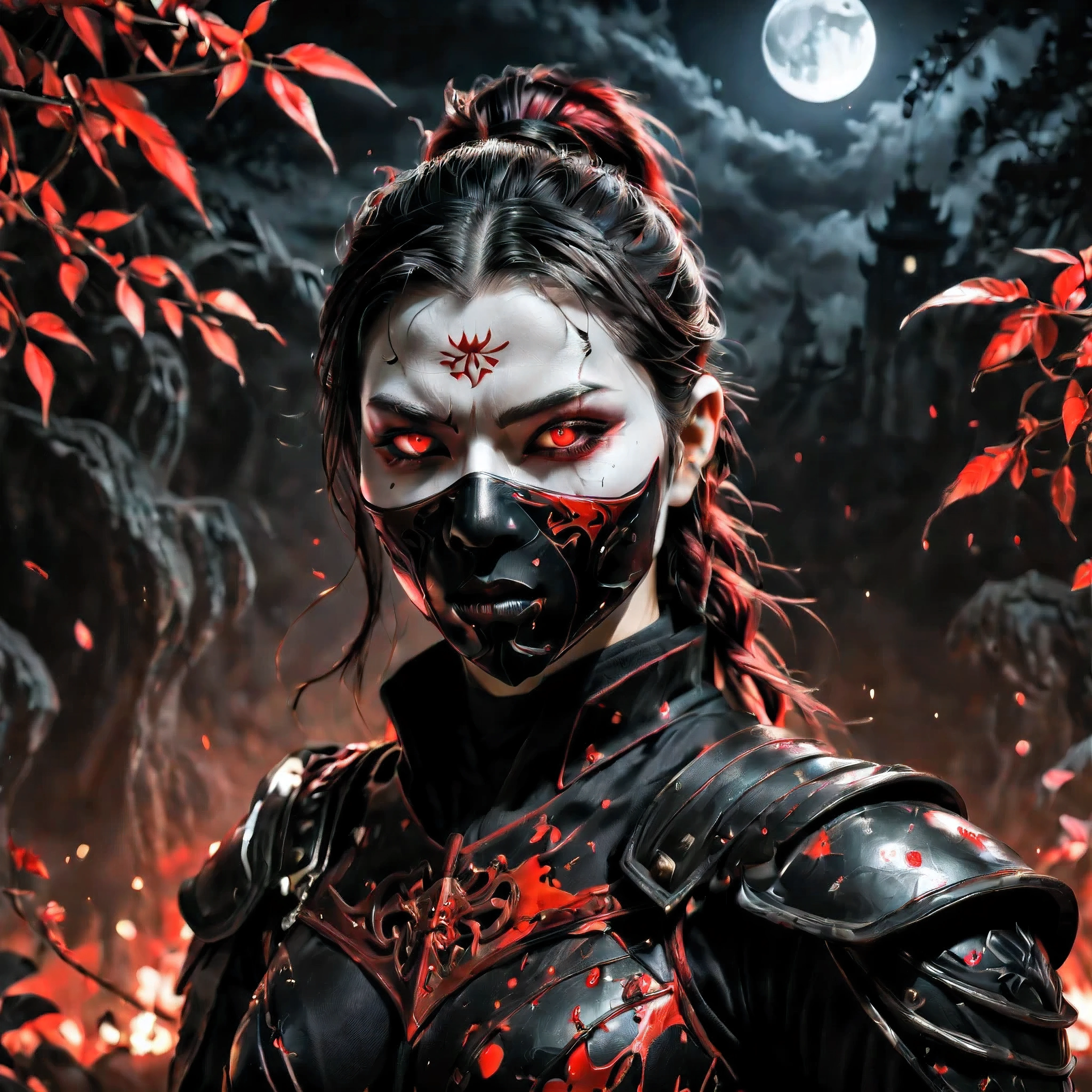 best quality,ultra-detailed,realistic:1.37,unique interpretation,portrait,horror,ninja cloth,ninja mask,female vampire,red eye,full body,detailed facial features,elegant stance,nighttime scene,moonlight illumination,sinister atmosphere,dark colors,splatter of blood,selective color vibrance,vivid red accents,lifelike textures,detailed folds and creases in the cloth,sharp focus,contrasting shadows,high contrast lighting