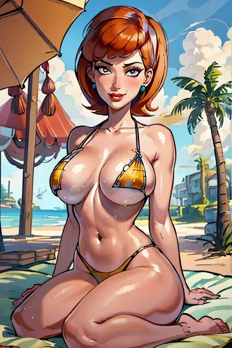 (masterpiece, best quality:1.2), linda_flynn-fletcher, 1girl, jewelry, earrings, solo, lipstick, hairband, makeup, breasts, large breasts, orange hair, short hair, crossed legs,smile, sitting, outdoors, beach, day, looking at viewer, wariza, sky, closed mo...