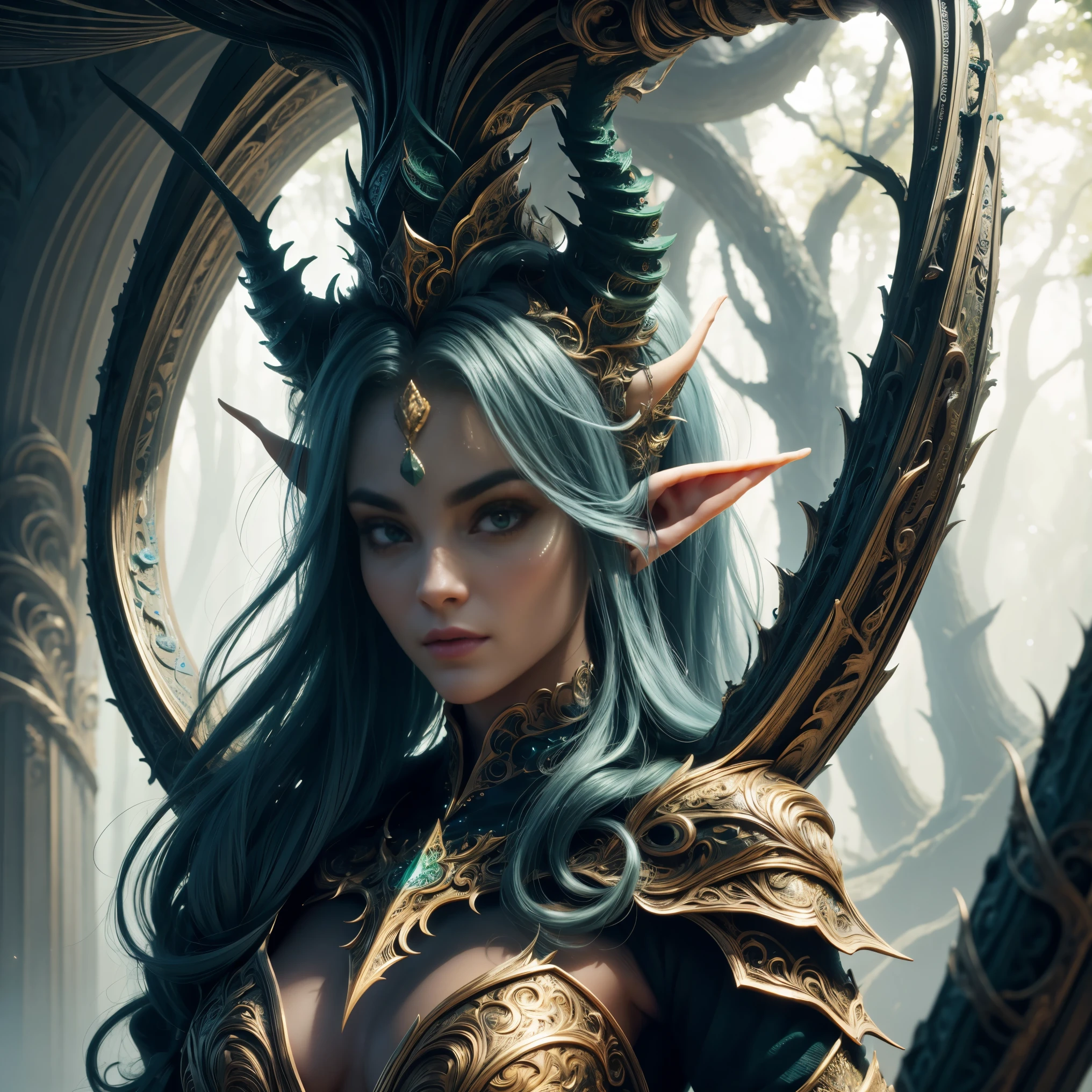 cute female forest elf, cara bonita, Belo corpo, Cabelo preto, vestindo armadura, capa verde, em uma floresta, 8k, extremamente detalhado, ultra realista