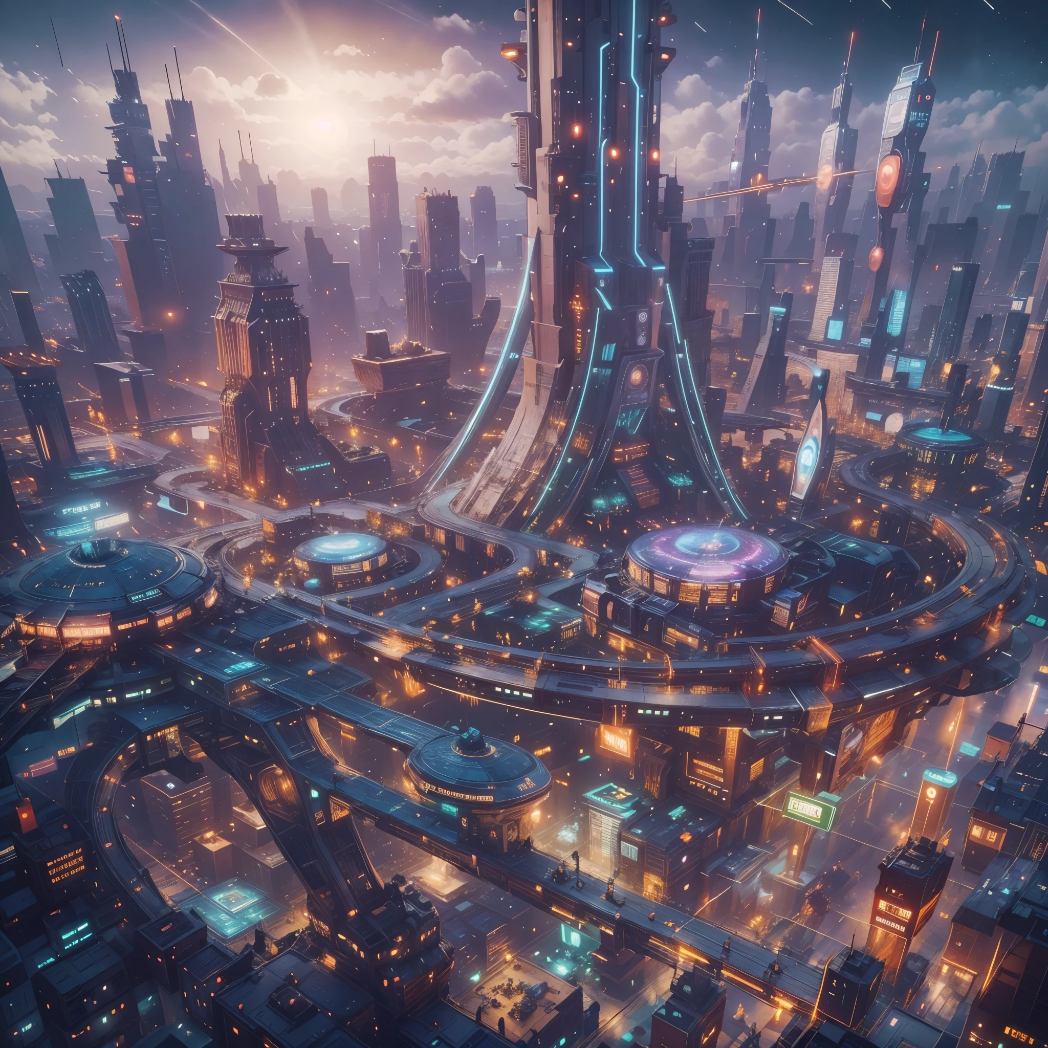 ciudad futurista、El parque temático del futuro，El parque de atracciones del futuro，ciudad de entretenimiento，flotando en el universo、ciberpunk、Filas de rascacielos、una estacion espacial、Montaña rusa，rueda de la fortuna，Atracciones，calidad superior、​obra maestra、Sueño、utópico、planeta Tierra、Sueño想世界、fantasía、𝓡𝓸𝓶𝓪𝓷𝓽𝓲𝓬、bella ciudad、ciudad espacial、Un mundo mucho más allá de la creación humana