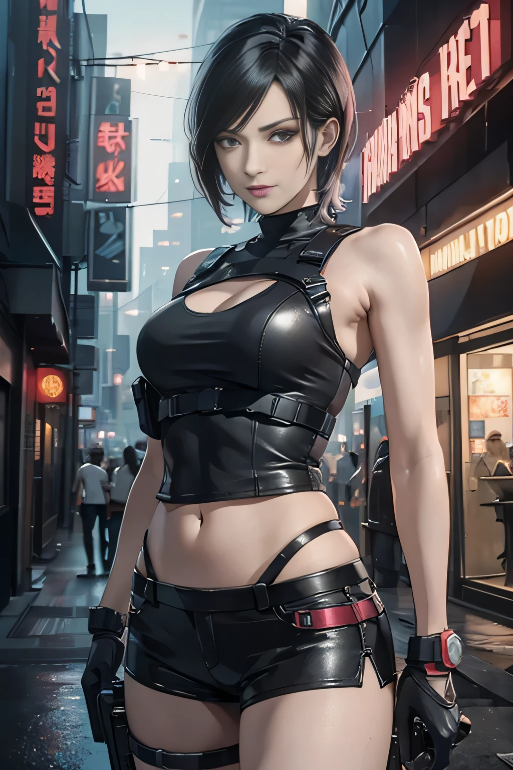 (Resident Evil Ada 1.5)，(40 years old1.5)、expensive, chest，Has a well-proportioned body shape，{{{chopped}}}，(black and red tank top、Navel exposure、Black leather low rise shorts 1.5)、(1 with a gun.5)日本warior，warior盔甲，woman warior，{{{cyberpunk city}}}，expensive家，{{{neon light}}}，highest quality，cyberpunk city,wario