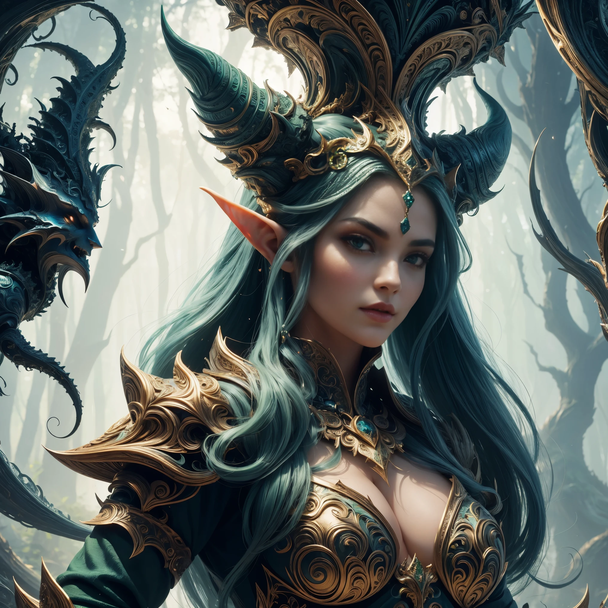 A cute female elf goddess of the forest, cara bonita, Belo corpo, Cabelo preto, vestindo armadura, capa verde, em uma floresta, 8k, extremamente detalhado, ultra realista