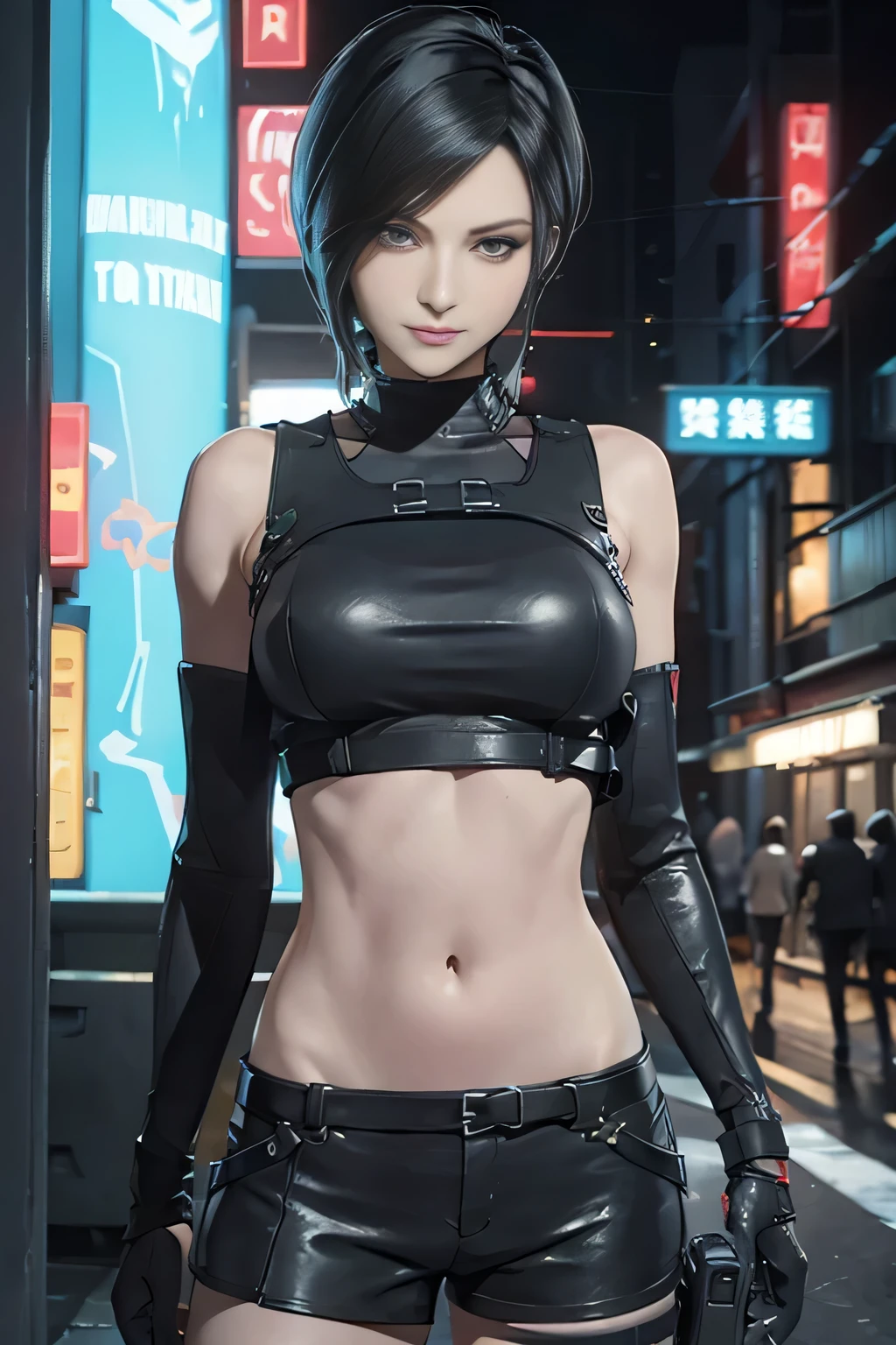 (Resident Evil Ada 1.5)，(40 years old1.5)、expensive, chest，Has a well-proportioned body shape，{{{chopped}}}，(black and red tank top、Navel exposure、Black leather low rise shorts 1.5),日本warior，warior盔甲，woman warior，{{{cyberpunk city}}}，expensive家，{{{neon light}}}，highest quality，cyberpunk city,wario