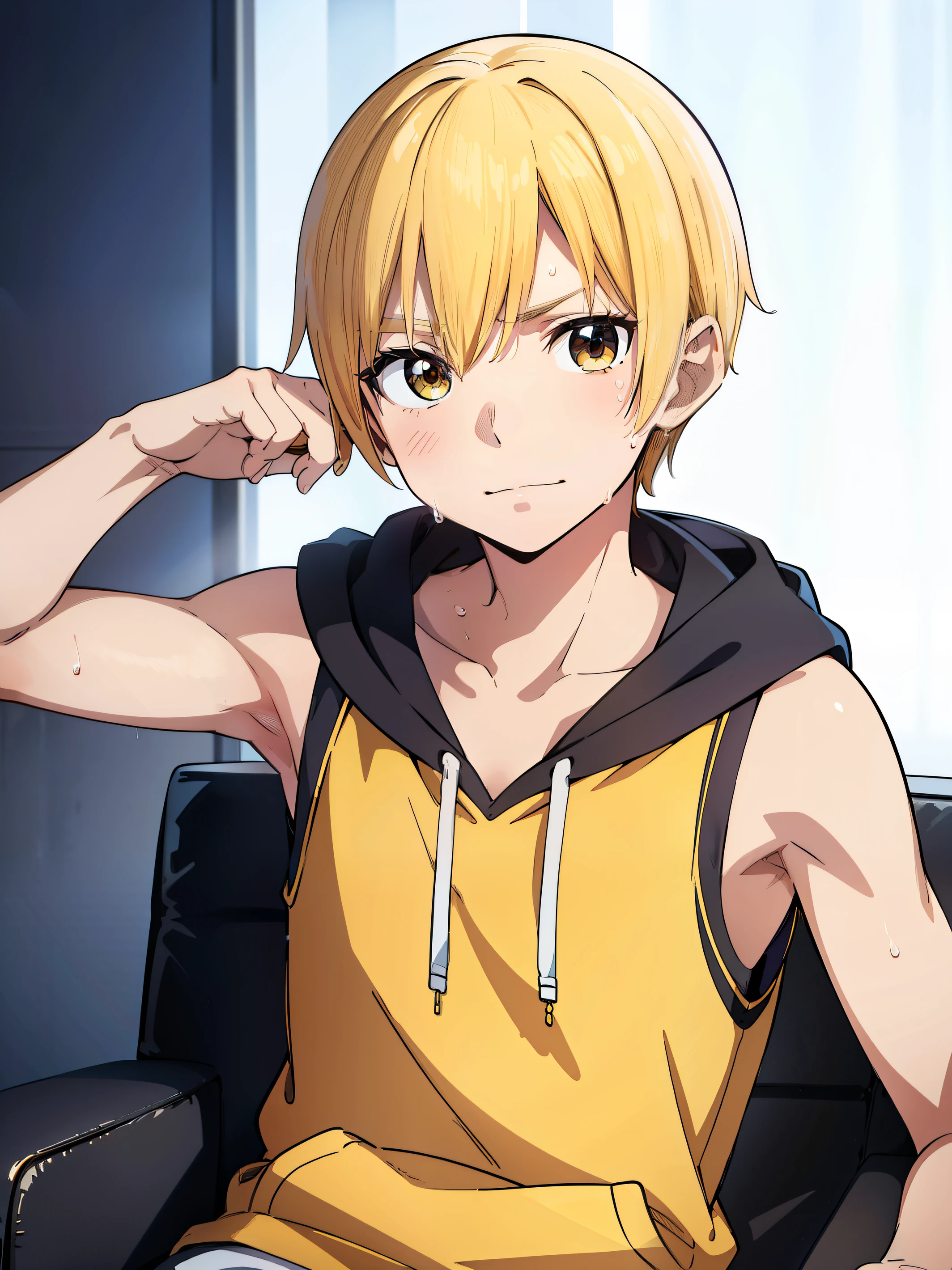 Anime image of a man sitting on a couch with his hand on his head