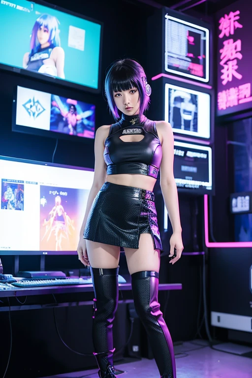 anime girl in a short skirt and boots posing in front of a wall of monitors, cyber punk setting, inspired by Leng Mei, e - girl, e-girl, 2b, 2 b, in cyberpunk style, cyberpunk with neon lighting, cyberpunk 2 0 y. o model girl, kda, in cyber punk 2077, y 2 k cybercore