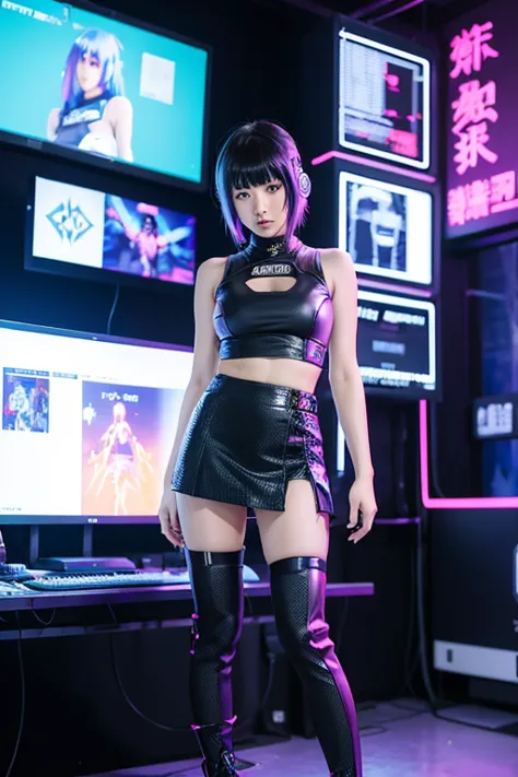 anime girl in a short skirt and boots posing in front of a wall of monitors, cyber punk setting, inspired by leng mei, e - girl,...