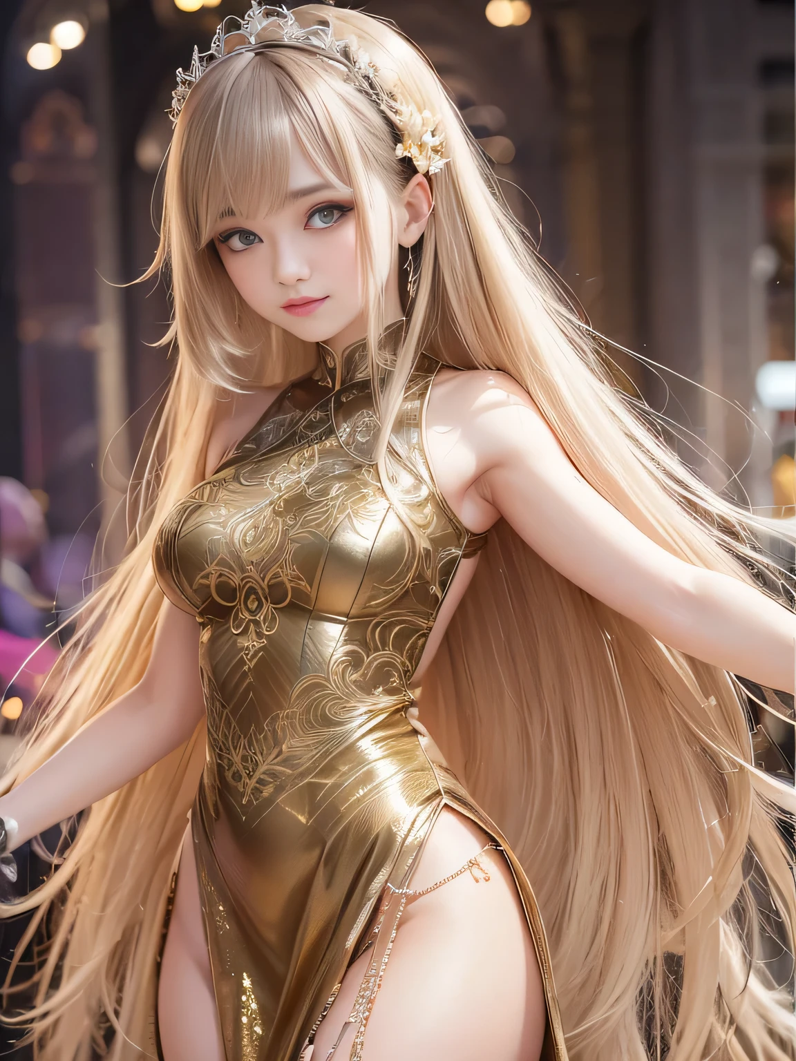 ultra high resolution、super high quality、8k、Detailed details、great expression、1 female、Tall and slender woman、long brown curly hair、With luxurious hair ornament、White see-through dress with gold embroidery、luxury hotel dance party background、