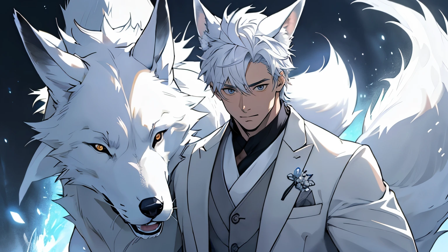 Anime anime character with white hair and white coat with wolf - SeaArt AI