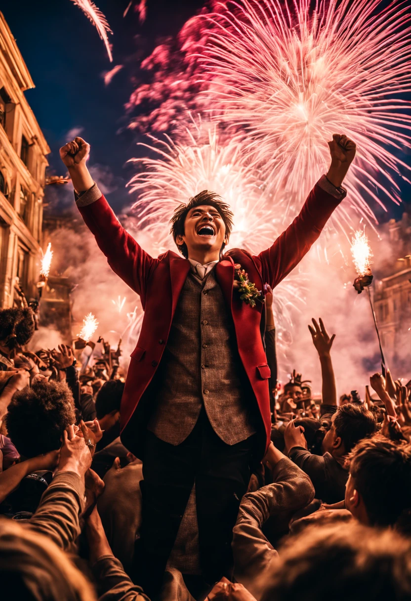 prompt #4: Die triumphale Rückkehr des Helden in eine Stadt in einer anderen Welt, realistische feiernde Massenszene, detaillierte Ausdrücke der Freude und Bewunderung, lebendige Banner und magisches Feuerwerk am Himmel, Canon EOS R3, Brennweite 24mm