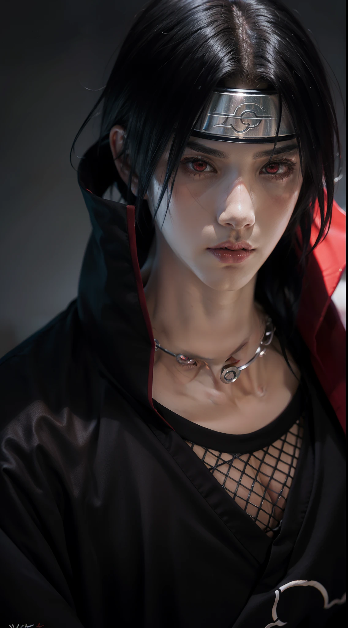 itachi uchiha from anime naruto, black hair, short hair, headband, akatsuki robe, red eyes, sharinggan eyes, looking at the viewer, standing, perfect body, piercing gaze, one man.