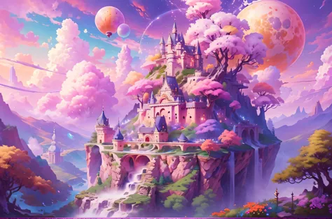 Generate beautiful and realistic fantasy landscapes, ornate Romantic buildings, floating island, crystalline waterfalls streamin...