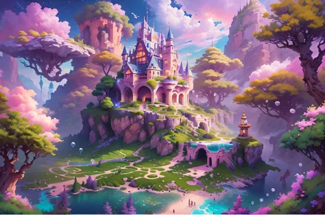 Generate beautiful and realistic fantasy landscapes, ornate Romantic buildings, floating island, crystalline waterfalls streamin...