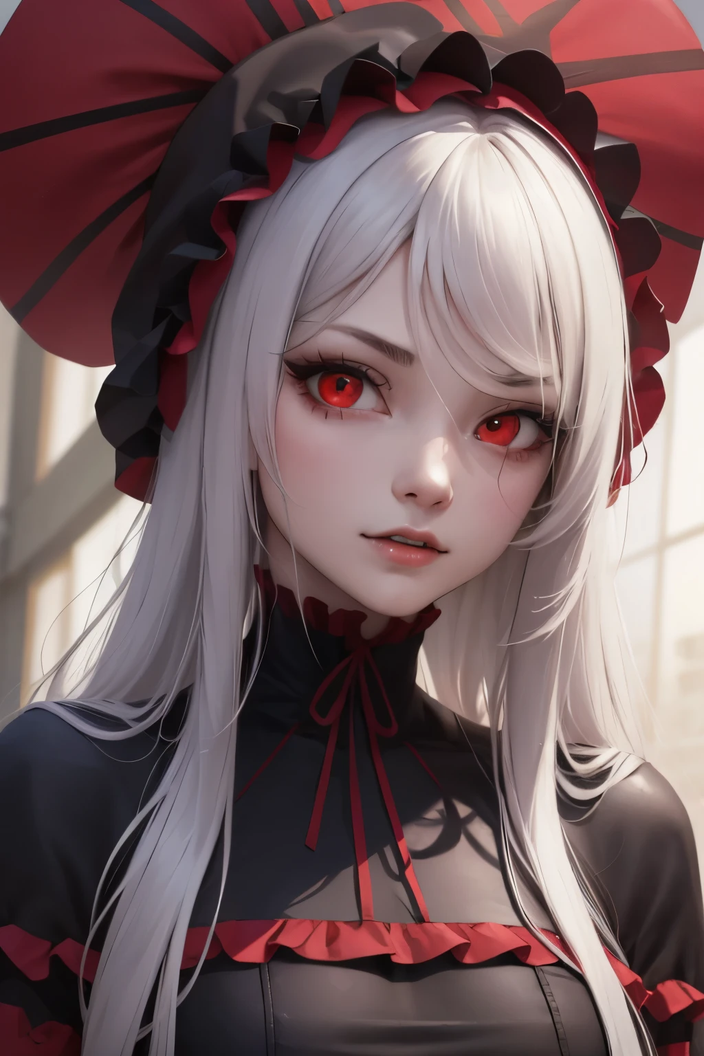 (highly detailed:1.3), 1girl, solo, upper body,
,gloves, fangs, jewellery, gothic dress,(red eyes:1.2), 
Ultra-detail,(highres:1.1),best quality,(masterpiece:1.3),cinematic lighting,
(detailed face and eyes:1.3),
