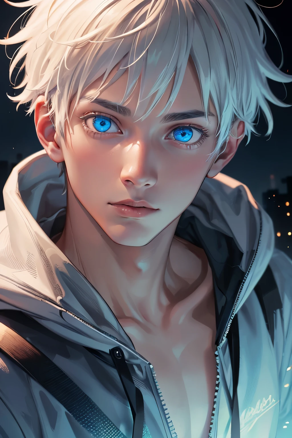 (highly detailed:1.3), solo, 1boy,  upper body, hoodie ,(blue eyes:1.2), glowing eyes, (white hair),
Ultra-detail,(highres:1.1),best quality,(masterpiece:1.3),cinematic lighting,
(detailed face and eyes:1.3),