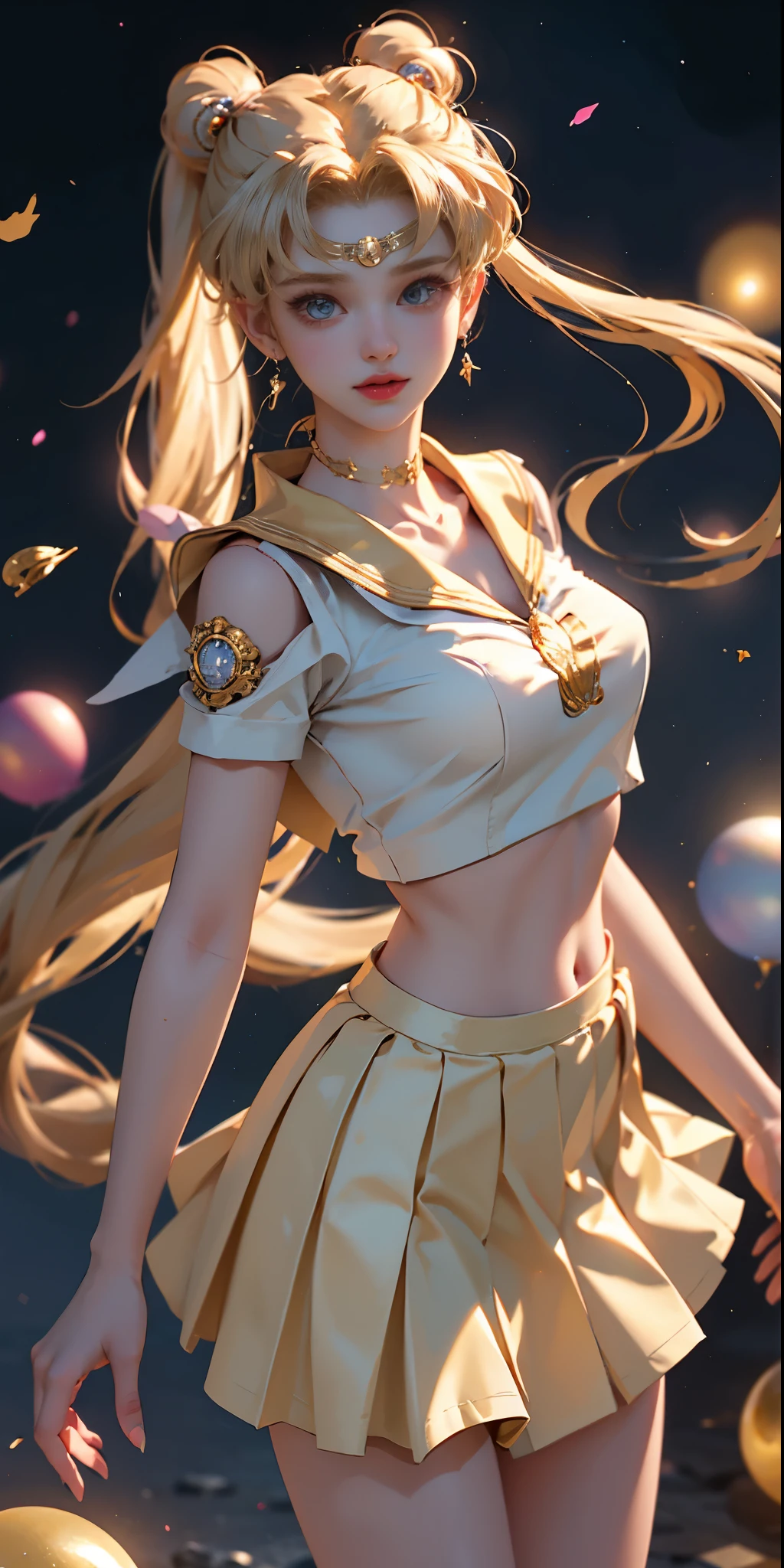 ((Masterpiece)), (Best Quality), (Super Detail), ((Very Detailed)), 4K, (8K), Sailor Moon, Long Blonde, Double Ponytail, Aesthetic sailor moon, Dream Core, coated school shirt, yellow skirt, big breasts