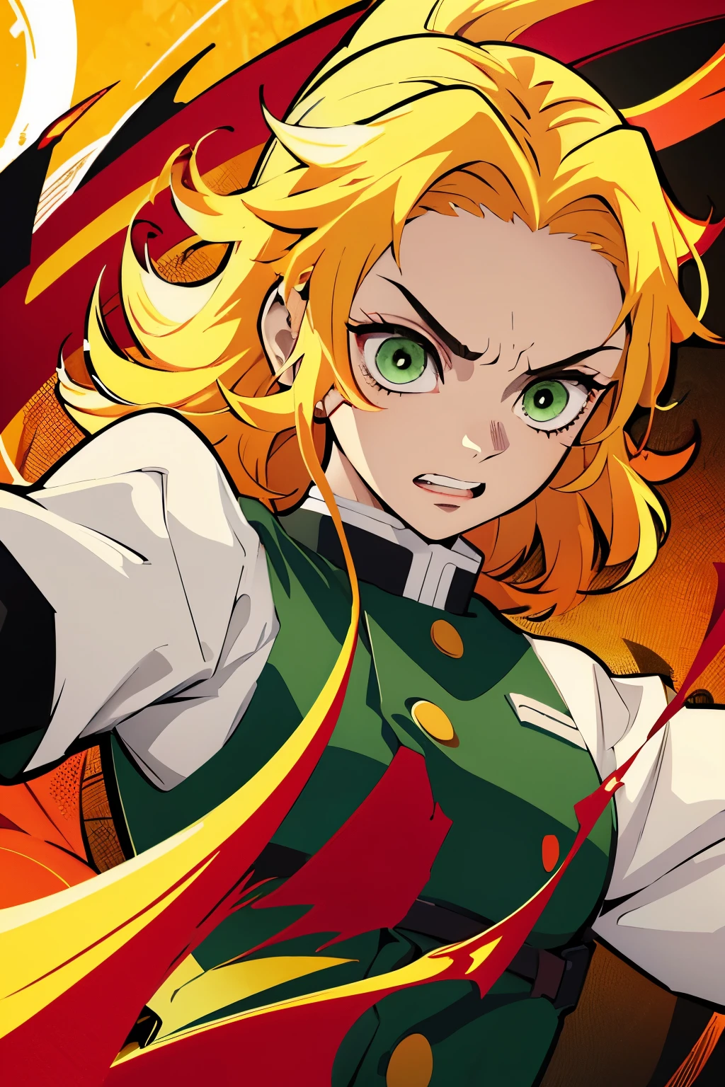 White young woman, Yellow hair with red details in her hair, Medium hair, Green eyes, Angry face, Linda, Sword, demon slayer uniform, show teeth