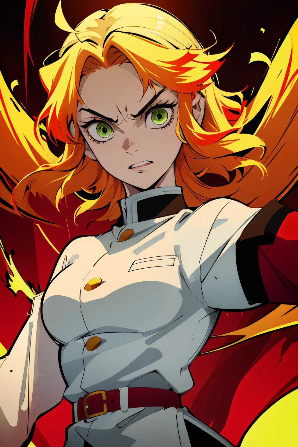 White young woman, Yellow hair with red details in her hair, Medium hair, Green eyes, Angry face, Linda, Sword, demon slayer uniform, show teeth, red highlights in hair