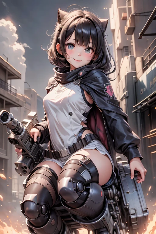 masterpiece, best quality, a cute girl smiling, intergalactic hero, science fiction, riding a mecha, (action:1.2), cloak, (Gatling gun:1.2), glowing, sci-fi environment , 