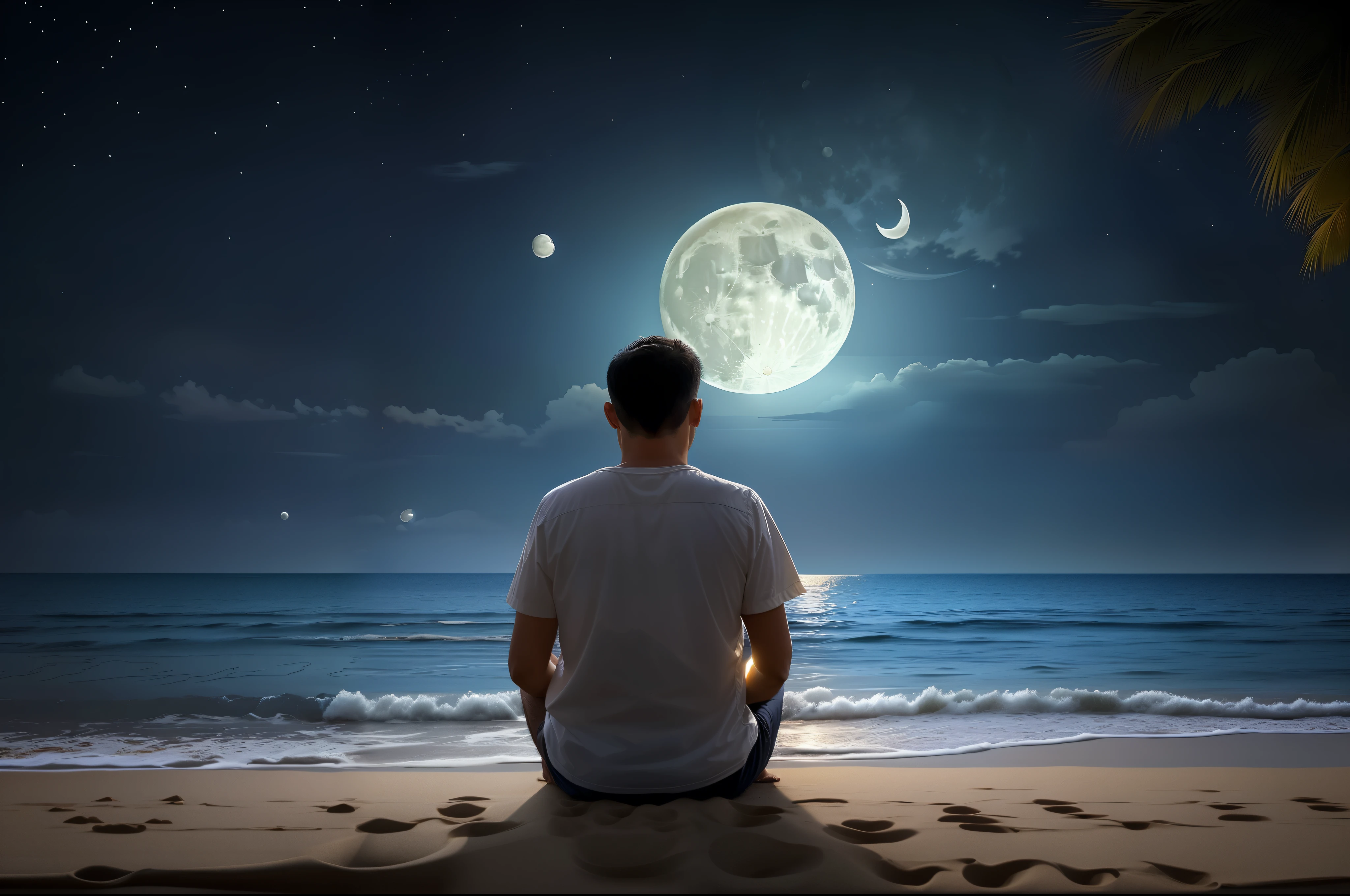 there is a man sitting on the beach watching the moon, looking at the full moon, the moon cast on the man, sitting on a moon, looking at the moon, sitting on the beach at night, moon behind him, calm night. digital illustration, his mind contemplating eternity, in front of a full moon, in front of a big moon, beautiful moonlight night