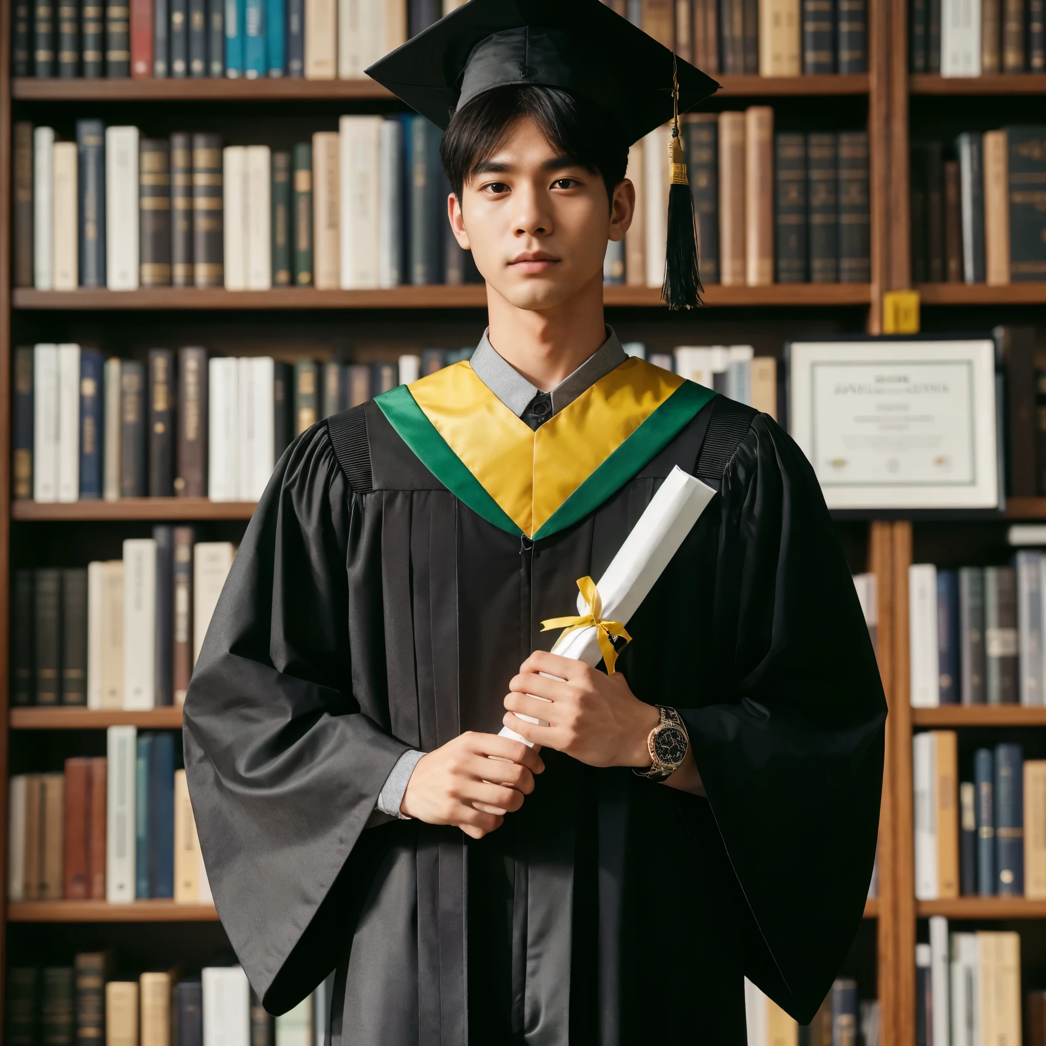 Arafed male in a graduation gown holding a diploma in front of a bookcase SeaArt AI