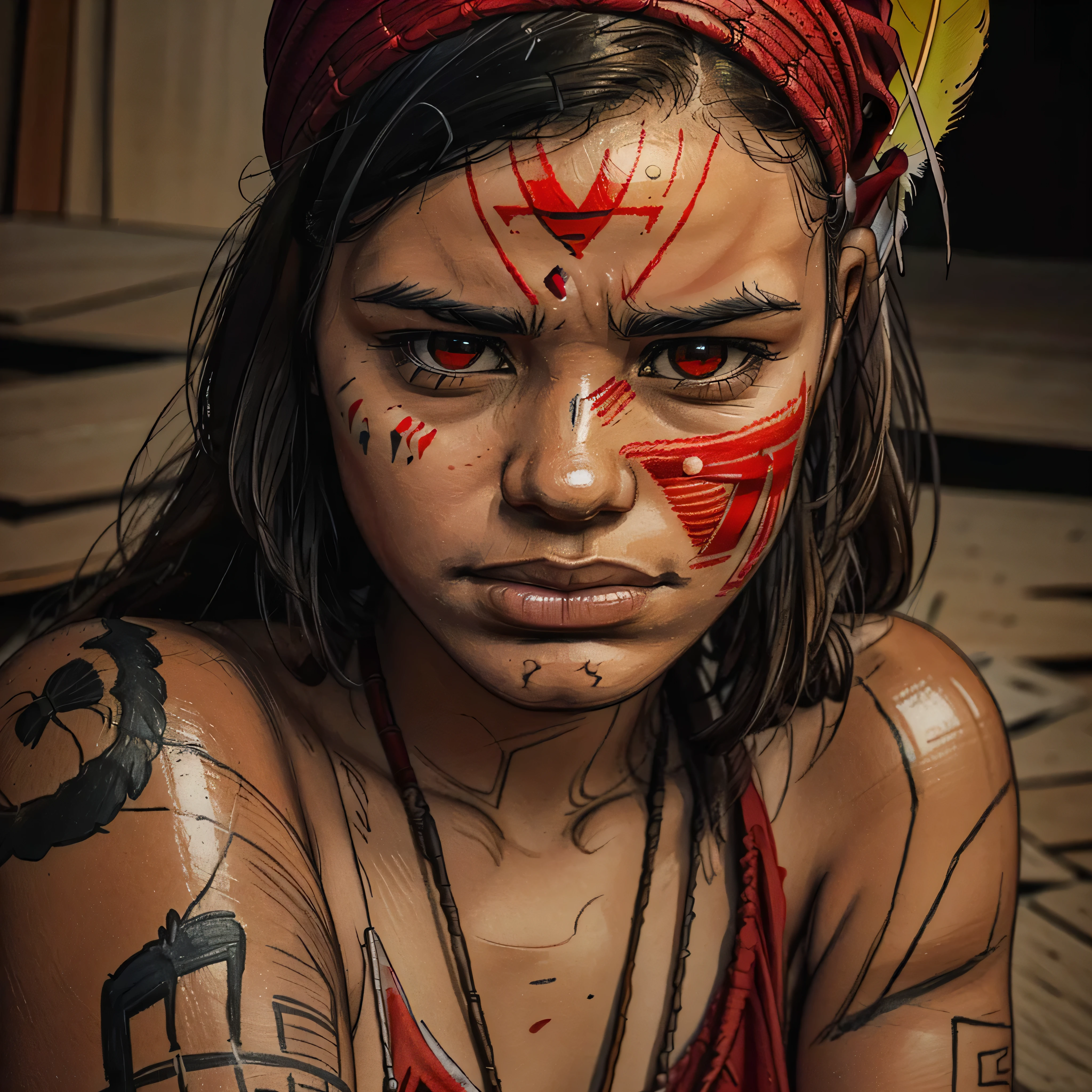 woman with red-hand painted face and hat with a feather, photo from a spectator, human face with bright red epiceyes, indigenous, ( greg rutkowski ), redhand paint on face, highlight, warrior face painting_red_hand, haida, manifestation, photo of young woman, pained expression, absolutely outstanding image, bite her lip, 