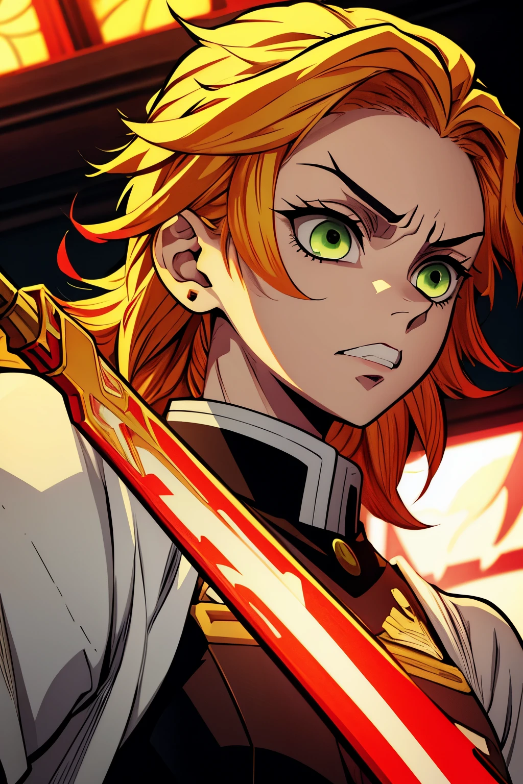 White young woman, Yellow hair with red details in her hair, Medium hair, Green eyes, Angry face, Linda, Sword, demon slayer uniform, show teeth, red highlights in hair,