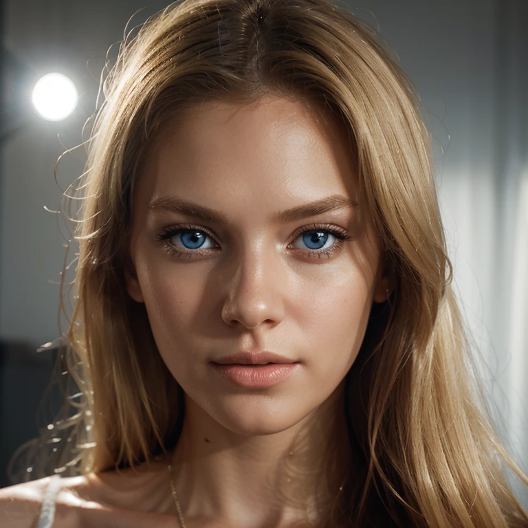 Create a full-length portrait of a tall, blond woman with blue eyes. The image should be realistic, with attention to detail. Use distinct, warm light to highlight the young woman's facial features. The background should be white, and you can use volumetric lighting effects to add a dreamy mood. Make sure the image is hyper-detailed, and use 4K resolution for optimal rendering.