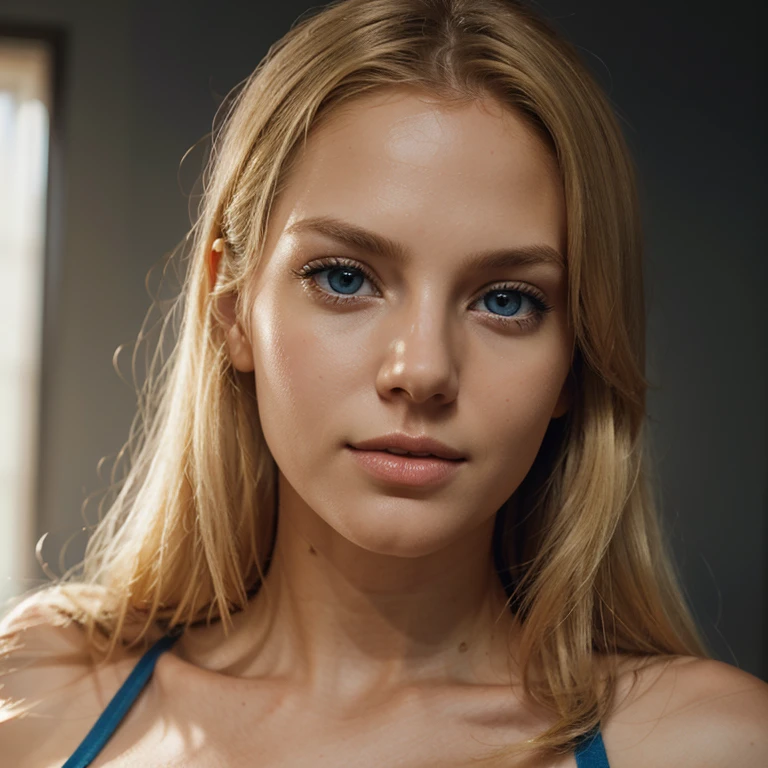 Create a full-length portrait of a tall, blond woman with blue eyes. The image should be realistic, with attention to detail. Use distinct, warm light to highlight the young woman's facial features. The background should be white, and you can use volumetric lighting effects to add a dreamy mood. Make sure the image is hyper-detailed, and use 4K resolution for optimal rendering.