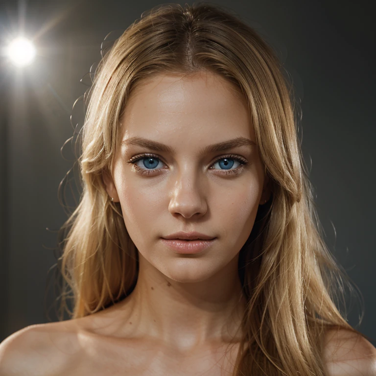 Create a full-length portrait of a tall, blond woman with blue eyes. The image should be realistic, with attention to detail. Use distinct, warm light to highlight the young woman's facial features. The background should be white, and you can use volumetric lighting effects to add a dreamy mood. Make sure the image is hyper-detailed, and use 4K resolution for optimal rendering.