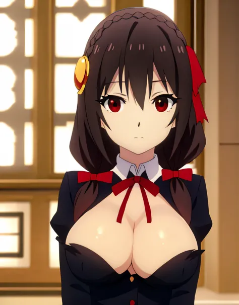 itch, long hair, brown hair, hair ornament, (red eyes:1.3), bow, ribbon, twin tails, Braid, hair bow,(big breasts:1.5),shiny,hair,((alone)),((masterpiece)),((highest quality)),perfect anatomy,slim waist,perfect image,8k UHD,(detailed and beautiful eyes:1.3...
