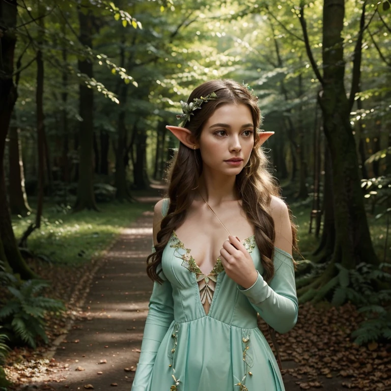 Create an image of a beautiful elf in an enchanted forest setting. She should have delicate, graceful features, pointed ears and long, elegant hair. She should wear elegant, light clothing in harmony with nature, such as a dress made of leaves or flowers. She may have accessories such as a bow and arrow or a magic wand. The image should exude an aura of mystery and beauty..,