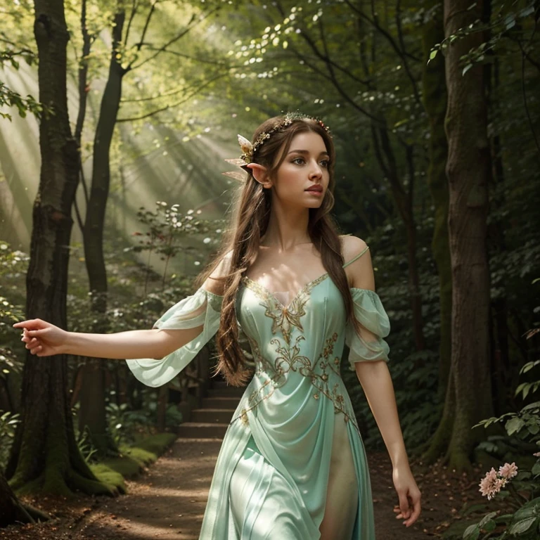 Create an image of a beautiful elf in an enchanted forest setting. She should have delicate, graceful features, pointed ears and long, elegant hair. She should wear elegant, light clothing in harmony with nature, such as a dress made of leaves or flowers. She may have accessories such as a bow and arrow or a magic wand. The image should exude an aura of mystery and beauty..,