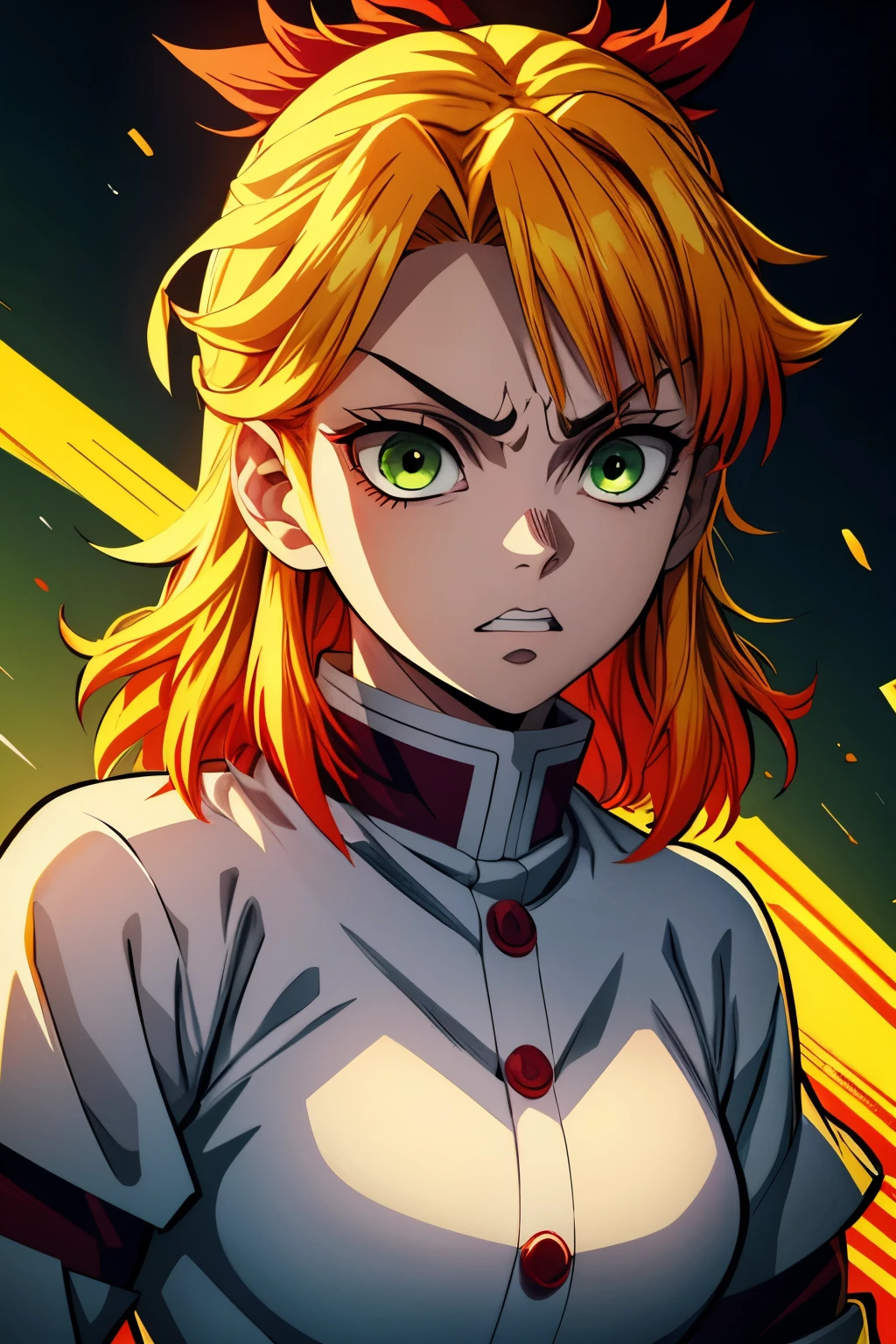 White young woman, Yellow hair with red details in her hair, Medium hair, Green eyes, Angry face, Linda, Sword, demon slayer uniform, show teeth, red highlights in hair,